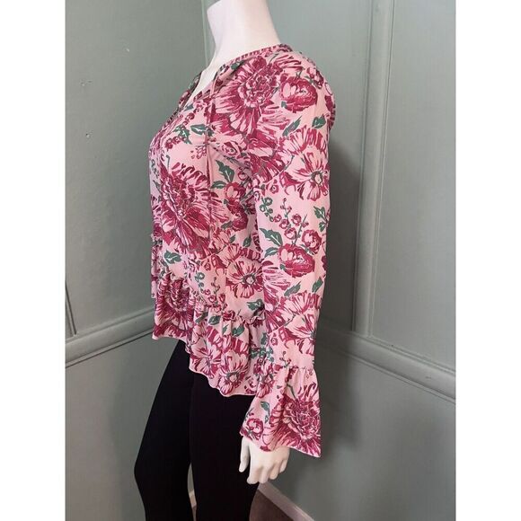 Plenty Tracy Reece XS Bright Pink Floral Long Slv Floral Tie Neck Peplum Tunic - Picture 2 of 6